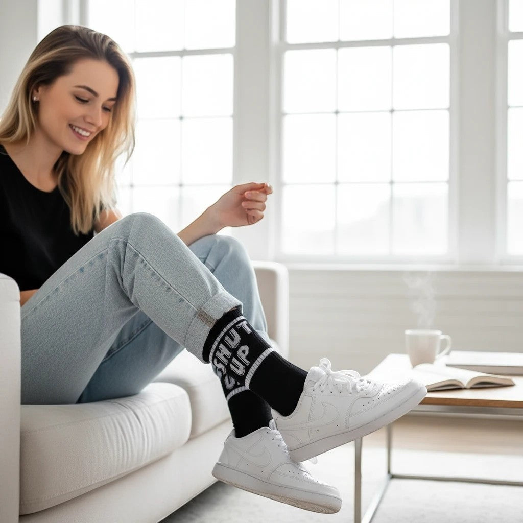 Woman wearing Qorapa LaraLara black crew socks with white graphic text, styled with light jeans and white sneakers.