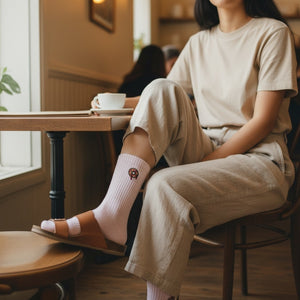 Qorapa LaraLara light pink crew socks with donut embroidery worn with sandals in a cafe setting