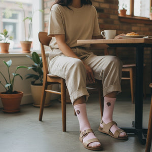 Qorapa LaraLara light pink crew socks with donut embroidery, worn with beige sandals in a cozy cafe setting.