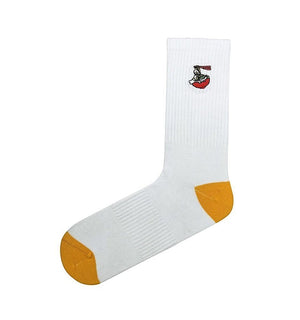 Qorapa LaraLara white crew socks featuring a small ramen bowl embroidery and mustard yellow heel and toe caps.
