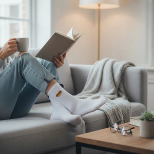 Qorapa LaraLara white cotton crew socks with hot-dog embroidery worn by a person relaxing on a sofa with a book.