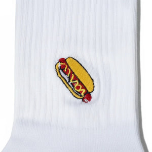 Qorapa LaraLara white cotton crew socks featuring a playful embroidered hot dog design