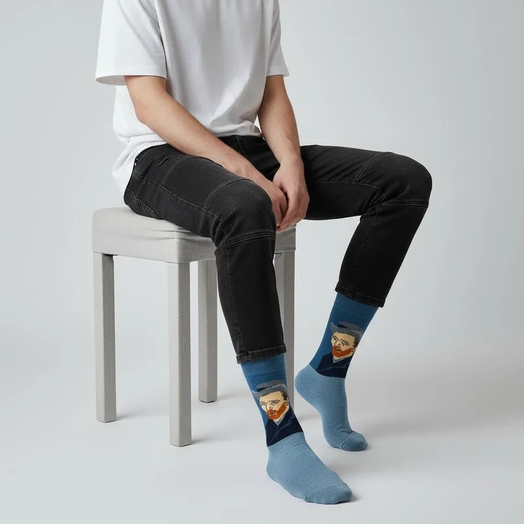 Qorapa LaraLara crew socks in blue cotton featuring a Vincent van Gogh portrait, worn by a man sitting on a stool.