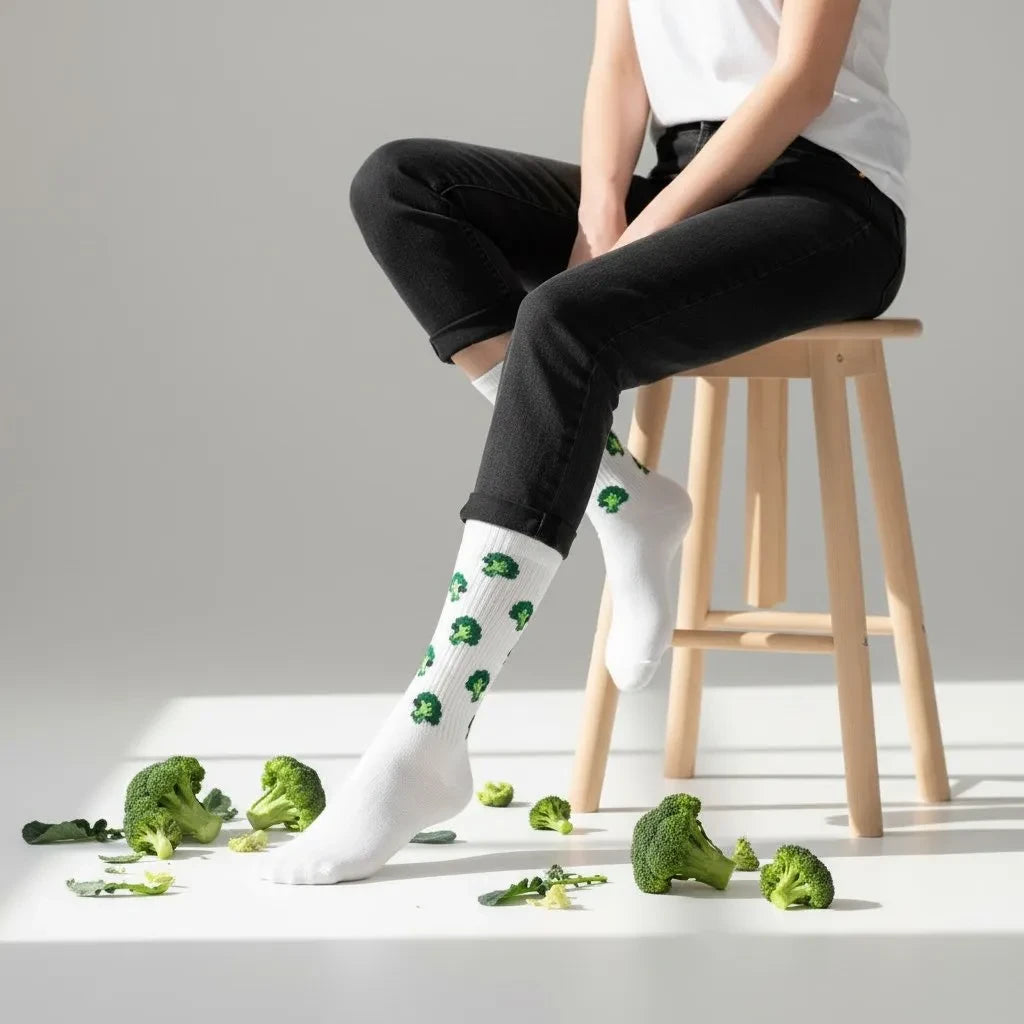 Qorapa LaraLara white crew socks with a green broccoli pattern worn by a person sitting on a wooden stool