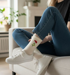 Qorapa LaraLara cream crew socks with red floral embroidery worn by a person in jeans and white sneakers on a sofa