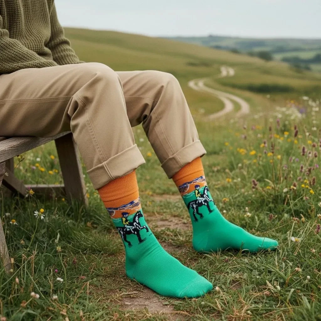 Qorapa LaraLara equestrian crew socks with green base, orange cuff, and rider on horseback pattern worn outdoors.