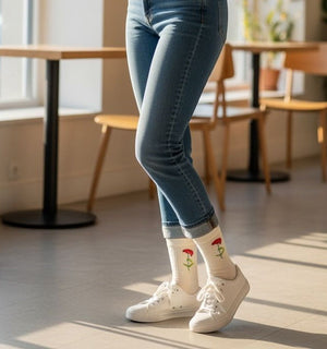 Qorapa LaraLara cream crew socks with red floral embroidery worn with blue jeans and white sneakers in a cafe.