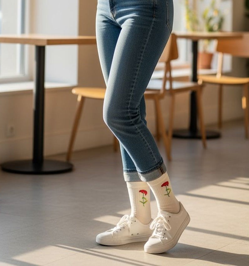 Qorapa LaraLara cream crew socks with red floral embroidery worn with blue jeans and white sneakers in a cafe.