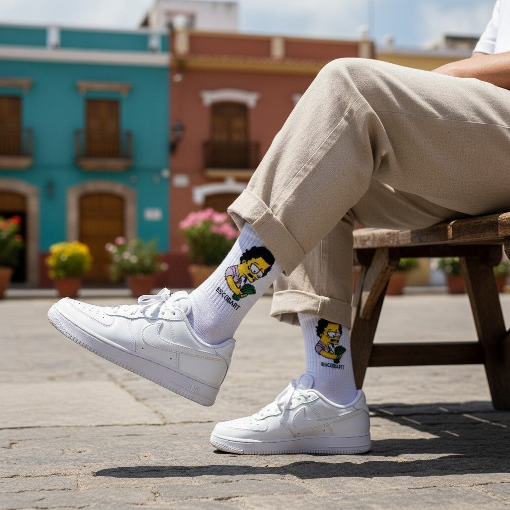 Qorapa LaraLara white crew socks with cartoon graphic, worn with white sneakers and beige trousers in a city plaza.