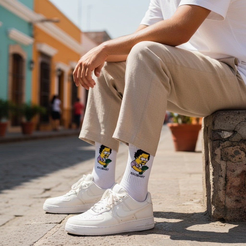 Qorapa LaraLara white crew socks with cartoon graphic, worn with beige trousers and white sneakers on a sunny street.