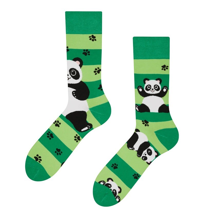 Qorapa LaraLara crew socks featuring a green striped pattern with cute panda illustrations and black paw prints.