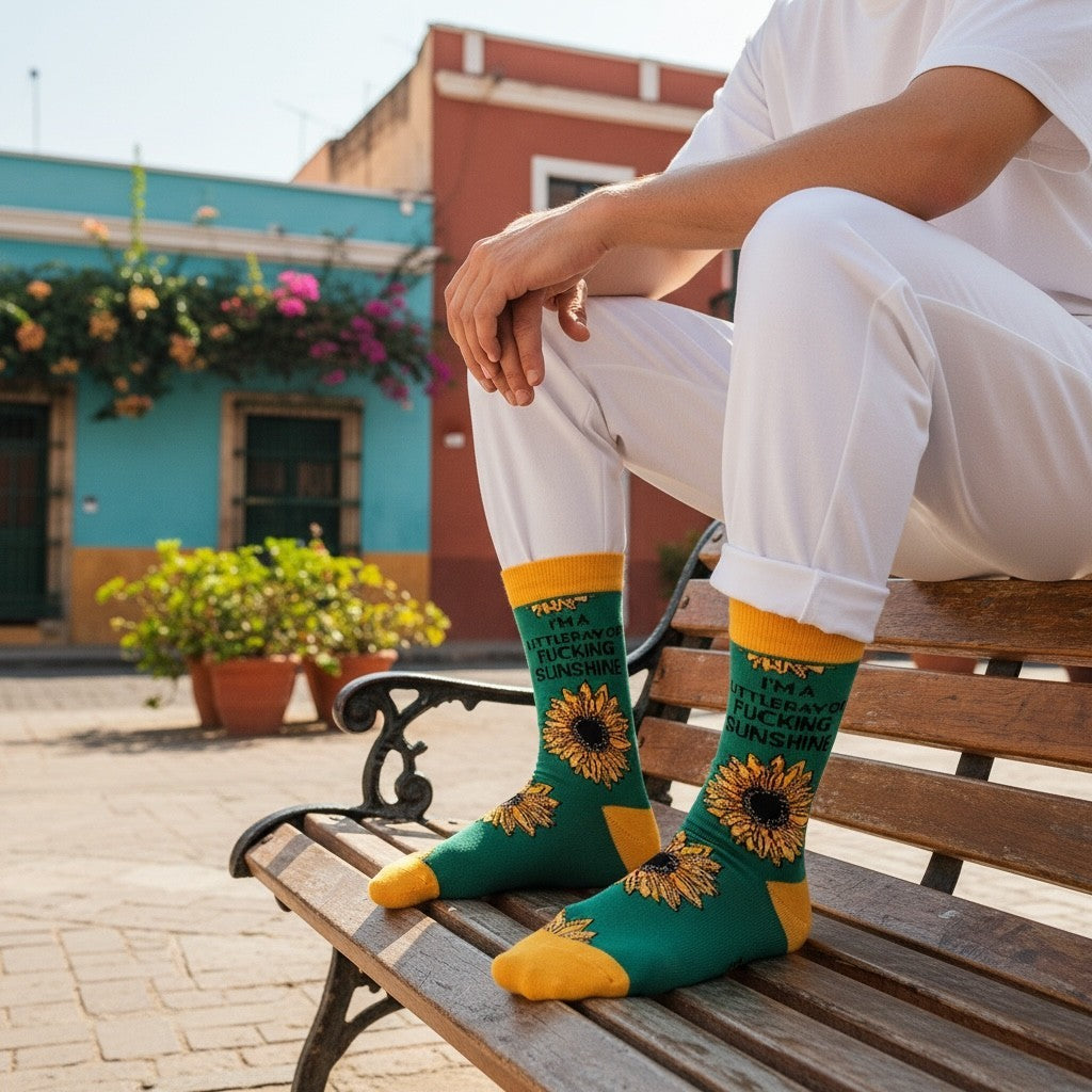 Qorapa LaraLara green crew socks with sunflower patterns and playful text, worn by a person sitting on a bench.