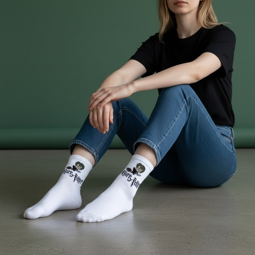 Qorapa LaraLara white crew socks featuring a Golden Snitch graphic and Harry Potter logo worn by a seated model.