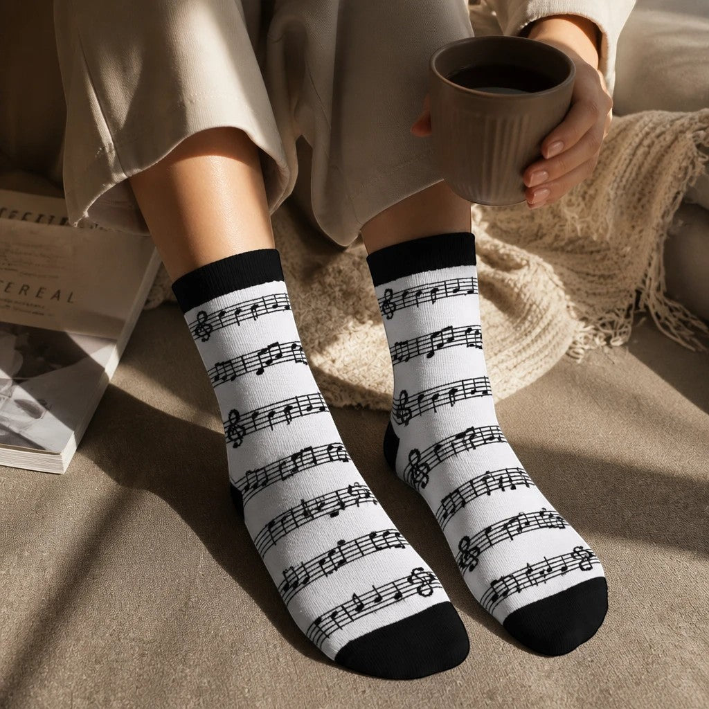 Qorapa LaraLara crew socks featuring a black musical note and staff pattern on white fabric with black toe and heel.
