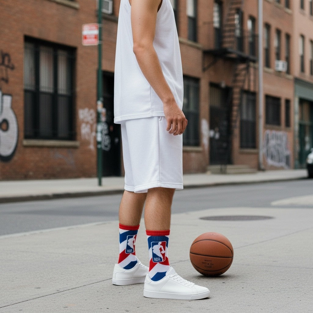 Qorapa LaraLara performance crew basketball socks with red, white, and blue NBA logo worn by a man on a city street.