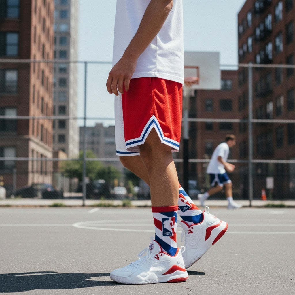 Qorapa LaraLara performance basketball crew socks with red, white, and blue NBA logo on a player at an outdoor court.