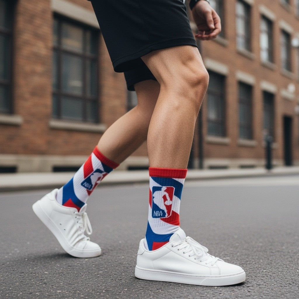 Qorapa LaraLara NBA crew socks in red, white, and blue with league logo, worn with white sneakers on a city street.