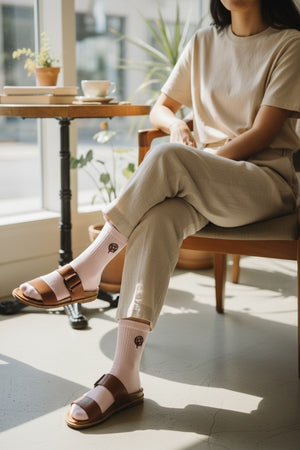 Qorapa LaraLara light pink crew socks with donut embroidery worn with brown sandals by a woman in a sunlit room
