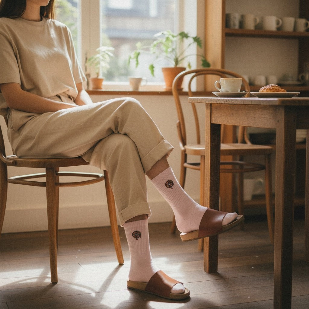 Qorapa LaraLara light pink crew socks with donut embroidery worn with brown slide sandals in a cozy home setting