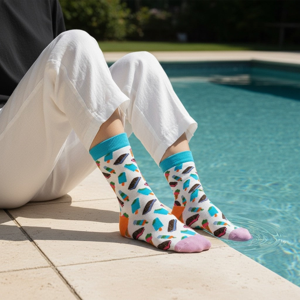 Qorapa LaraLara crew socks with a colorful popsicle pattern, teal cuffs, orange heels, and lavender toes by a pool.