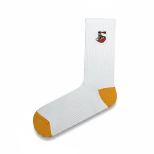 Qorapa LaraLara white crew socks featuring a small ramen bowl embroidery and mustard yellow heel and toe caps.