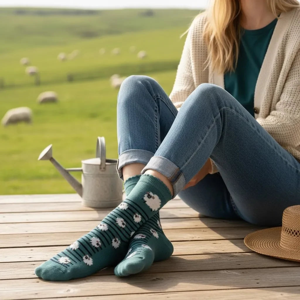 Qorapa LaraLara crew socks in teal with a white sheep pattern, worn by a woman sitting on a wooden deck outdoors.