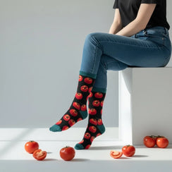 Qorapa LaraLara crew socks with red tomato pattern on black fabric, featuring teal cuffs, heels, and toes.