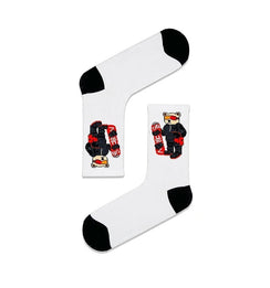 Qorapa LaraLara white crew socks featuring a graphic of a snowboarder bear with black toe and heel accents