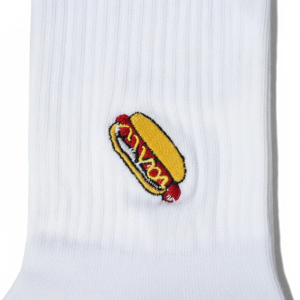 Qorapa LaraLara white cotton crew socks featuring a playful embroidered hot dog design