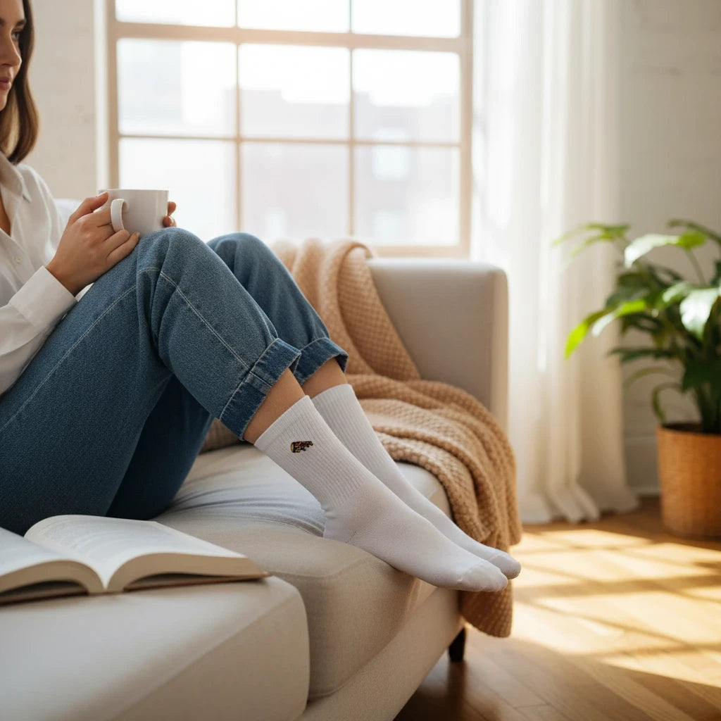 Qorapa LaraLara white cotton crew socks with pizza slice embroidery worn by a woman sitting on a sofa with a book