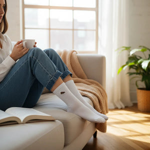 Qorapa LaraLara white cotton crew socks with pizza slice embroidery worn by a woman sitting on a sofa with a book
