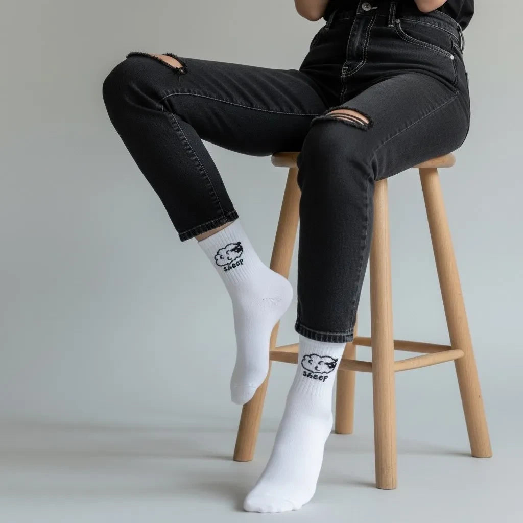 Qorapa LaraLara white crew socks with a minimalist sheep graphic worn by a person in black distressed jeans